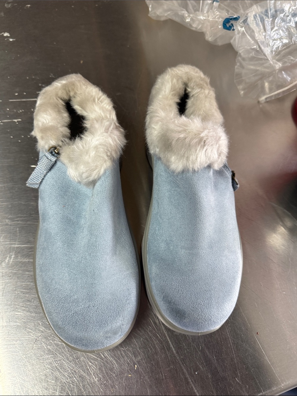Bzees Light Blue Faux Suede Slip-On Slippers with Cream Faux Fur Collar